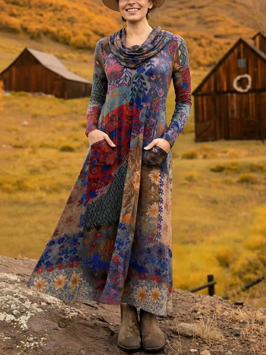 Women's Boho Boat-Shaped Collar Floral Print Stretch Dress