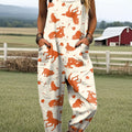 Women's Vintage Farm Animals Art Print Casual 100% Cotton Wide Leg Jumpsuit