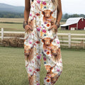 Women's  Funny Highland Cows Flower Art Print Casual 100% Cotton Wide Leg Jumpsuit