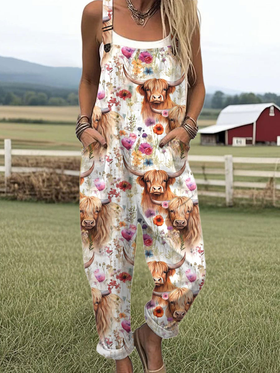 Women's  Funny Highland Cows Flower Art Print Casual 100% Cotton Wide Leg Jumpsuit