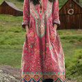 Women's Vintage Floral Art  Print Pocket V-neck Cotton Dress