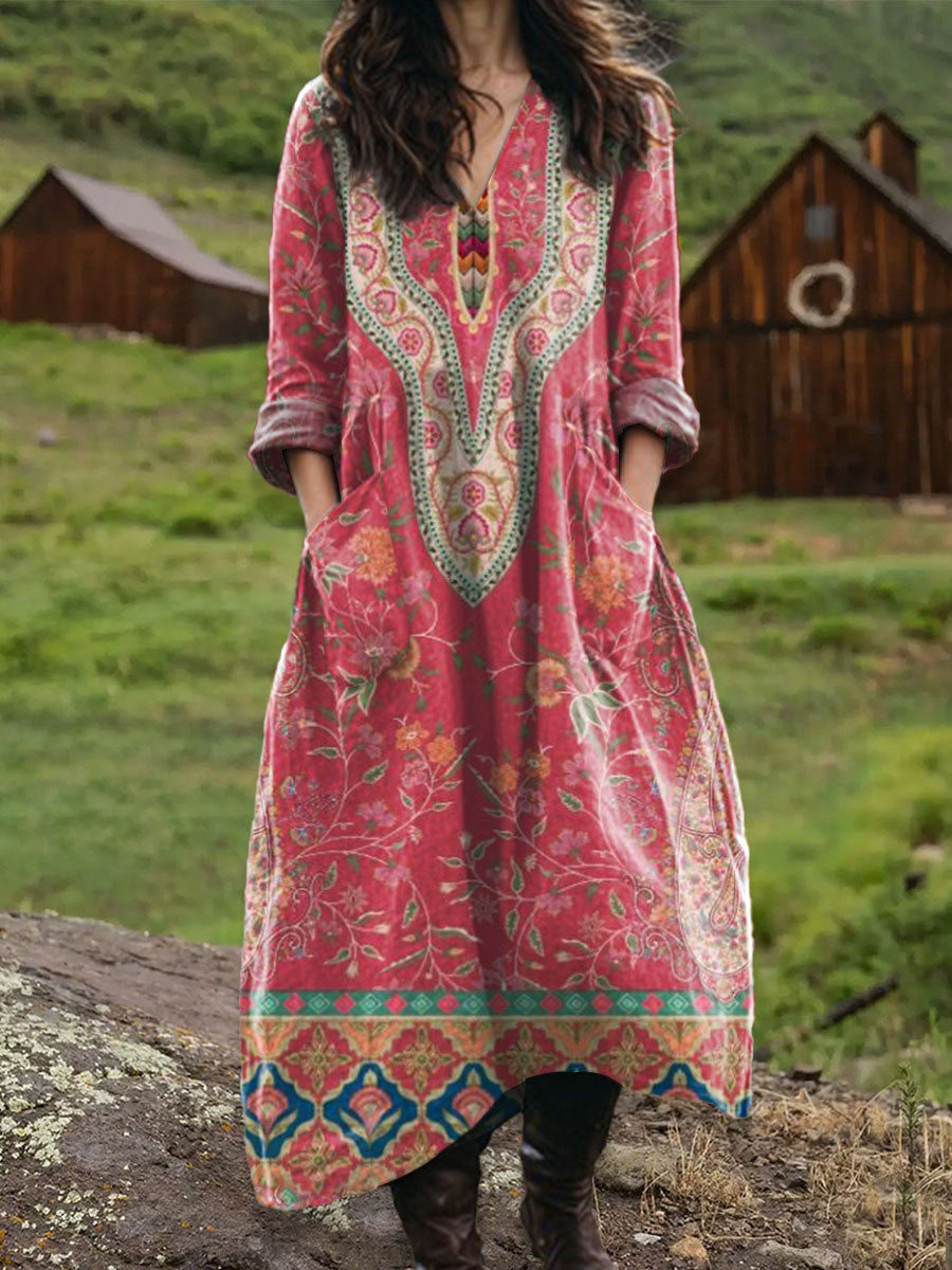 Women's Vintage Floral Art  Print Pocket V-neck Cotton Dress