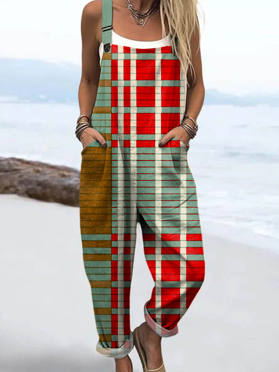 Women's Abstract Geometric Pattern Art Print Casual 100% Cotton Wide Leg Jumpsuit