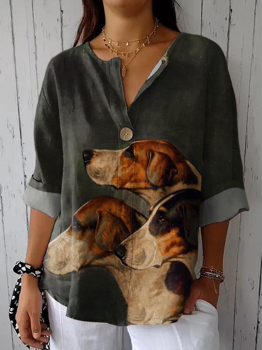 Women's Dog Art Print  Casual Cotton Linen Shirt
