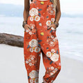 Women's Vintage Floral Art Print Casual 100% Cotton Wide Leg Jumpsuit