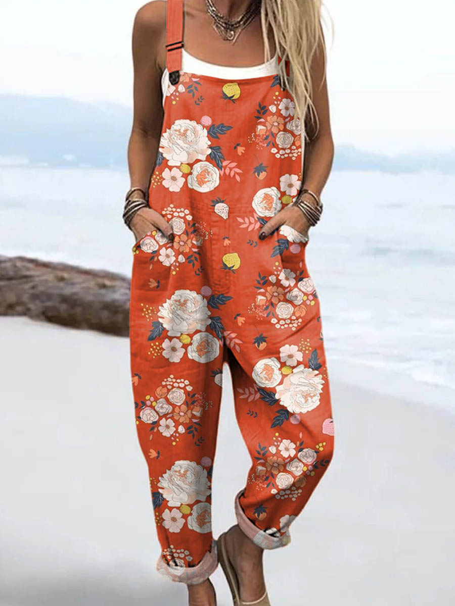Women's Vintage Floral Art Print Casual 100% Cotton Wide Leg Jumpsuit