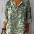Vintage Style Green Garden Pattern Printed Women's Casual Cotton Linen Shirt