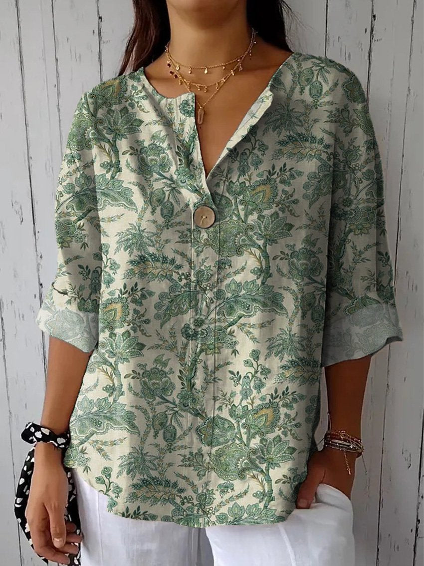 Vintage Style Green Garden Pattern Printed Women's Casual Cotton Linen Shirt