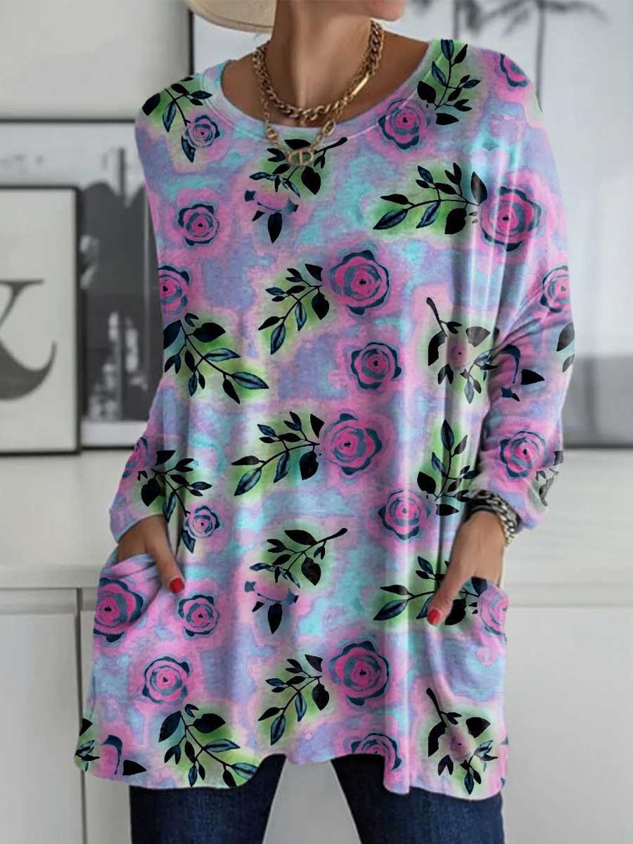 Women's Floral Pattern Art Print Casual Long Sleeve T-shirt