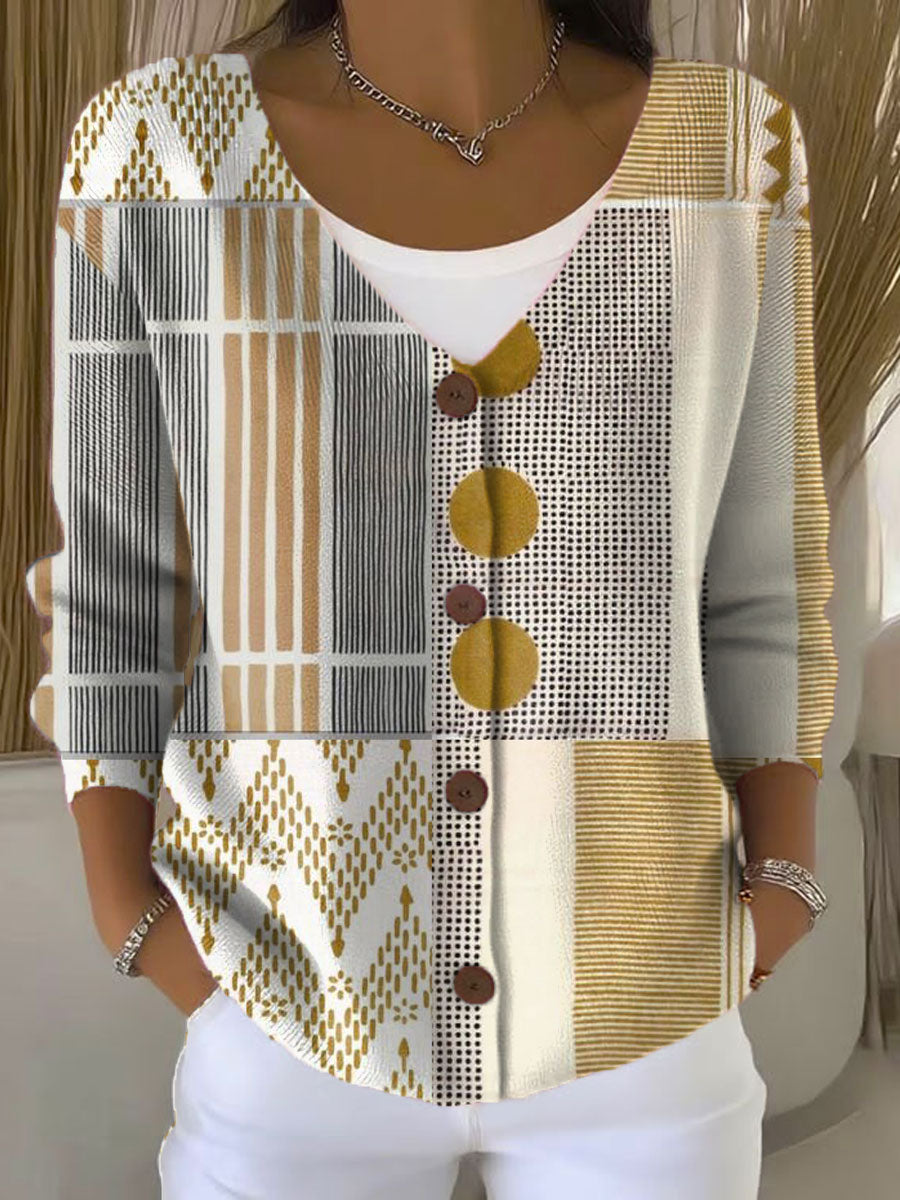 Vintage Abstract Geometry Art Print Buttoned V-neck Cardigan Sweater