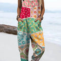 Women's Vintage Floral Patchwork Pattern Art Print Casual 100% Cotton Wide Leg Jumpsuit