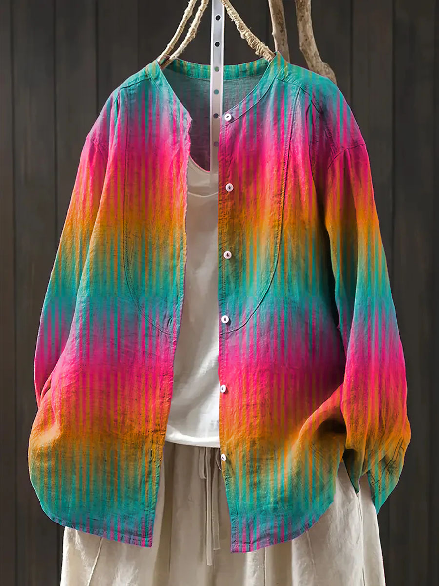 Women's Gradient Pattern Art Print Casual Cotton And Linen Shirt