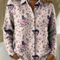 Women's Black Cat Floral Art Print Printed Collared Sweater
