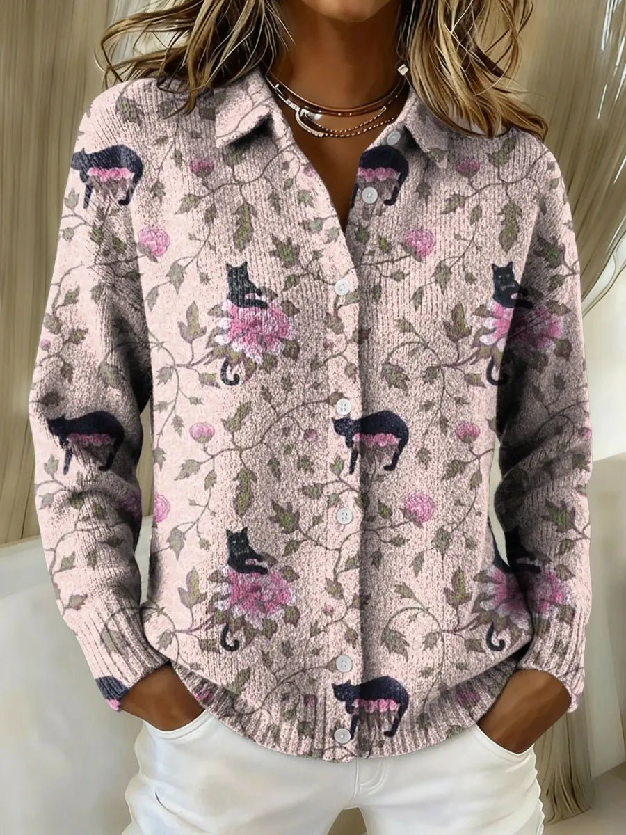Women's Black Cat Floral Art Print Printed Collared Sweater
