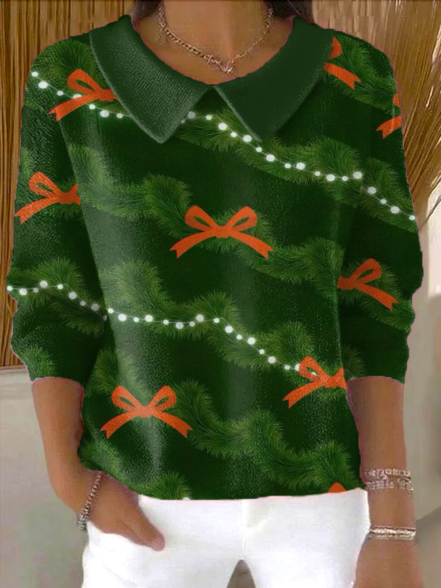 Women's Christmas Lights With Bow Print Casual Peter Pan Collar 3/4 Sleeve Sweater