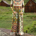 Women's Beautiful Ethnic Geometric Floral Art Print Long-sleeved Dress