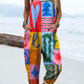 Women's Colorful Mosaic Art Print Casual 100% Cotton Wide Leg Jumpsuit