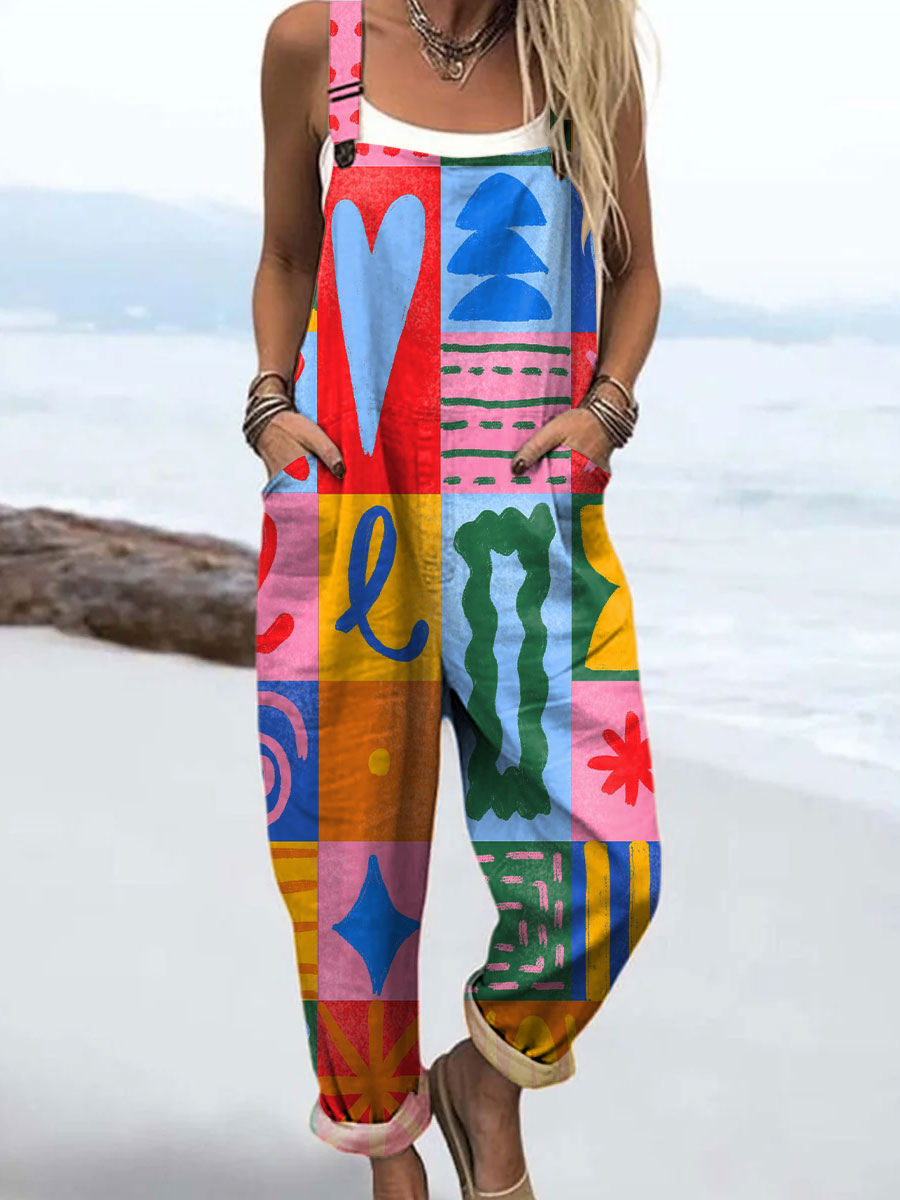 Women's Colorful Mosaic Art Print Casual 100% Cotton Wide Leg Jumpsuit