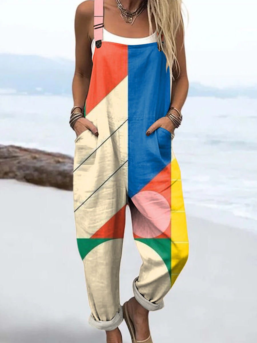 Women's Bright Colorful Geometric Color Block Painting Art Print Casual 100% Cotton Wide Leg Jumpsuit