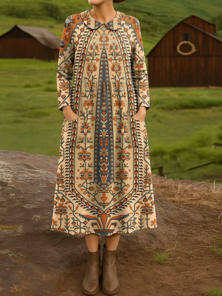 Women's Beautiful Vintage Ethnic Geometric Floral Tree Art Print Cotton Lapel Button-Down Shirt Dress