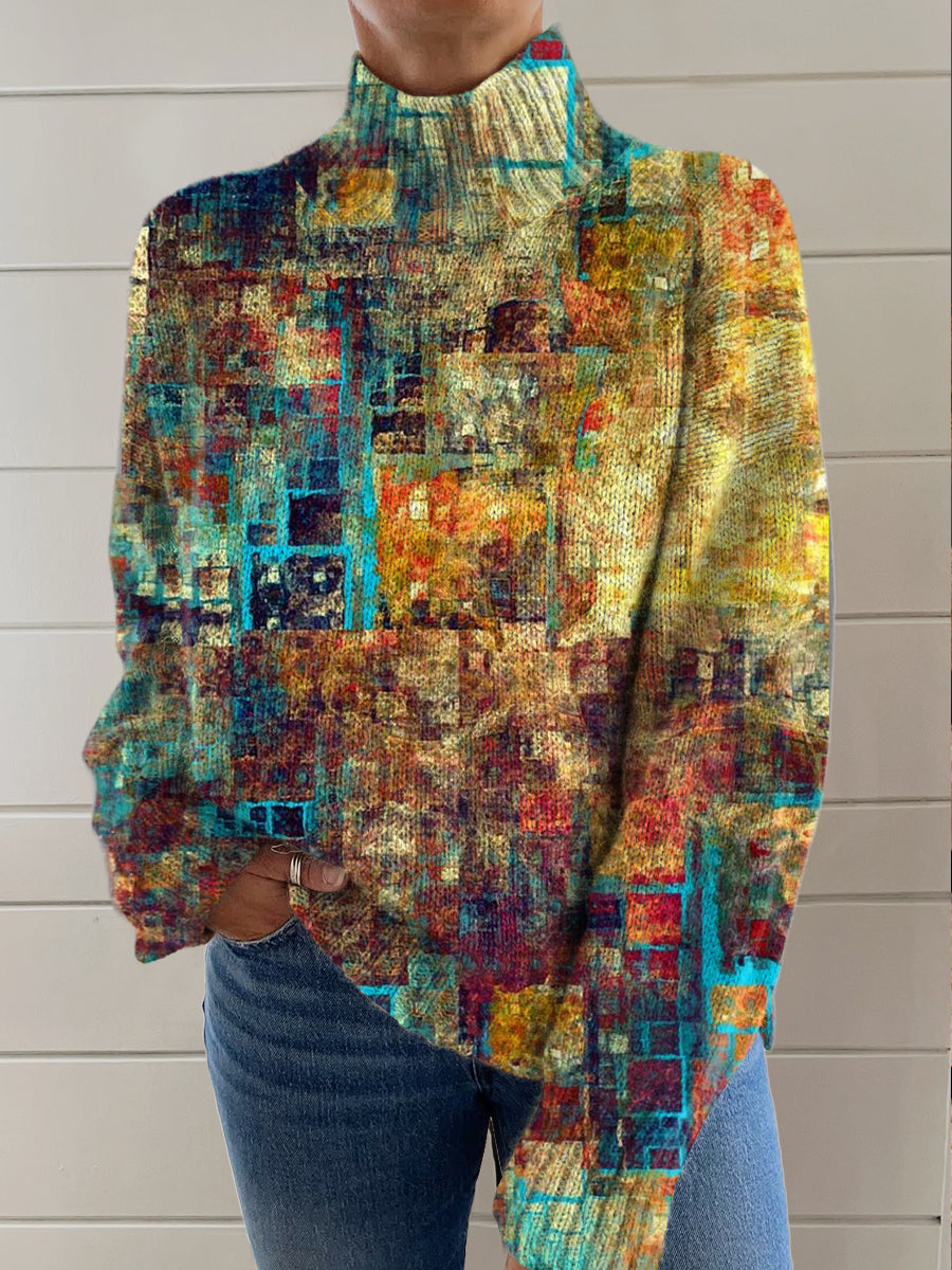 Vintage Distressed Abstract Colors Print Knit Turtleneck Pullover Sweater