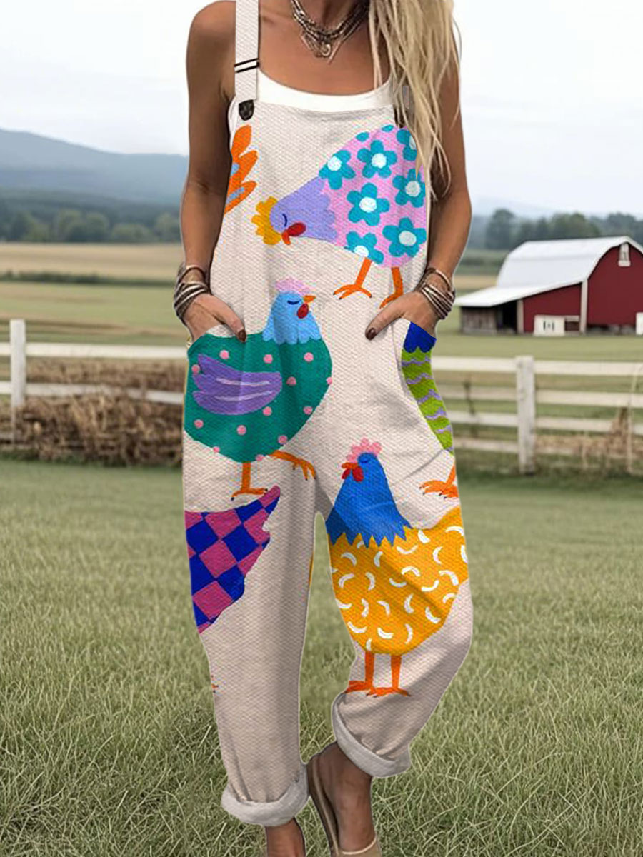 Women's Funny Chick Art Print Casual 100% Cotton Wide Leg Jumpsuit