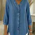 Women's Casual Denim V-Neck Ruffled Shirt