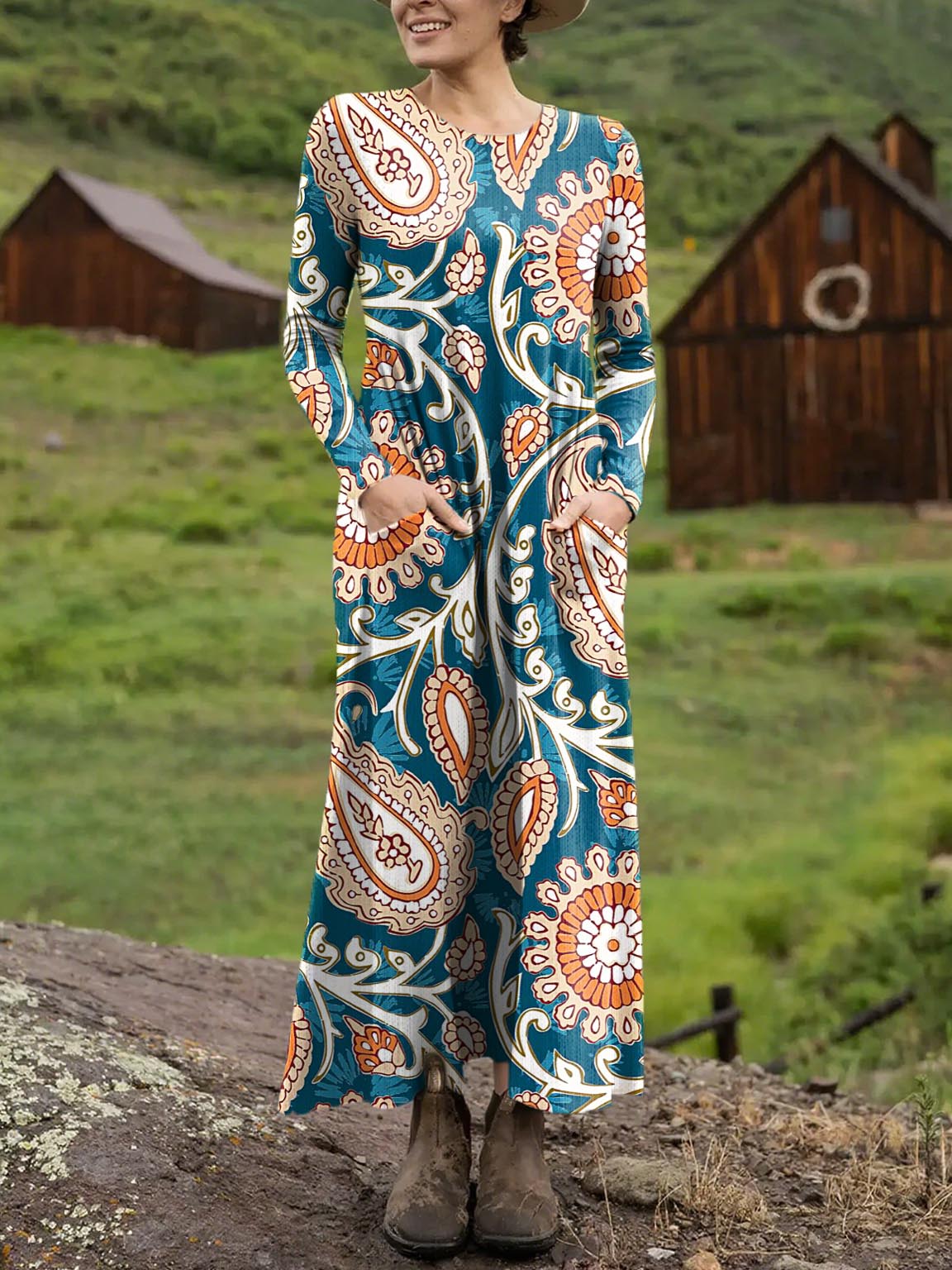 Women's Retro Floral Art Print Long-sleeved Dress