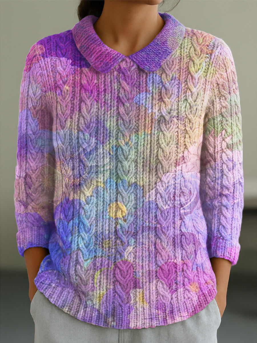 Women's Beautiful Colorful Flower Painting Art Print Casual Peter Pan Collar 3/4 Sleeve Sweater
