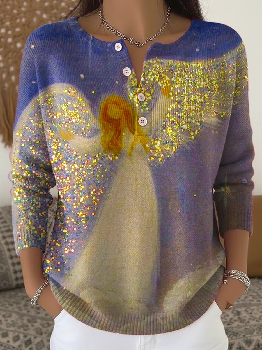 Women's Lovely Angel Pattern Art Print Buttoned Cardigan Sweater