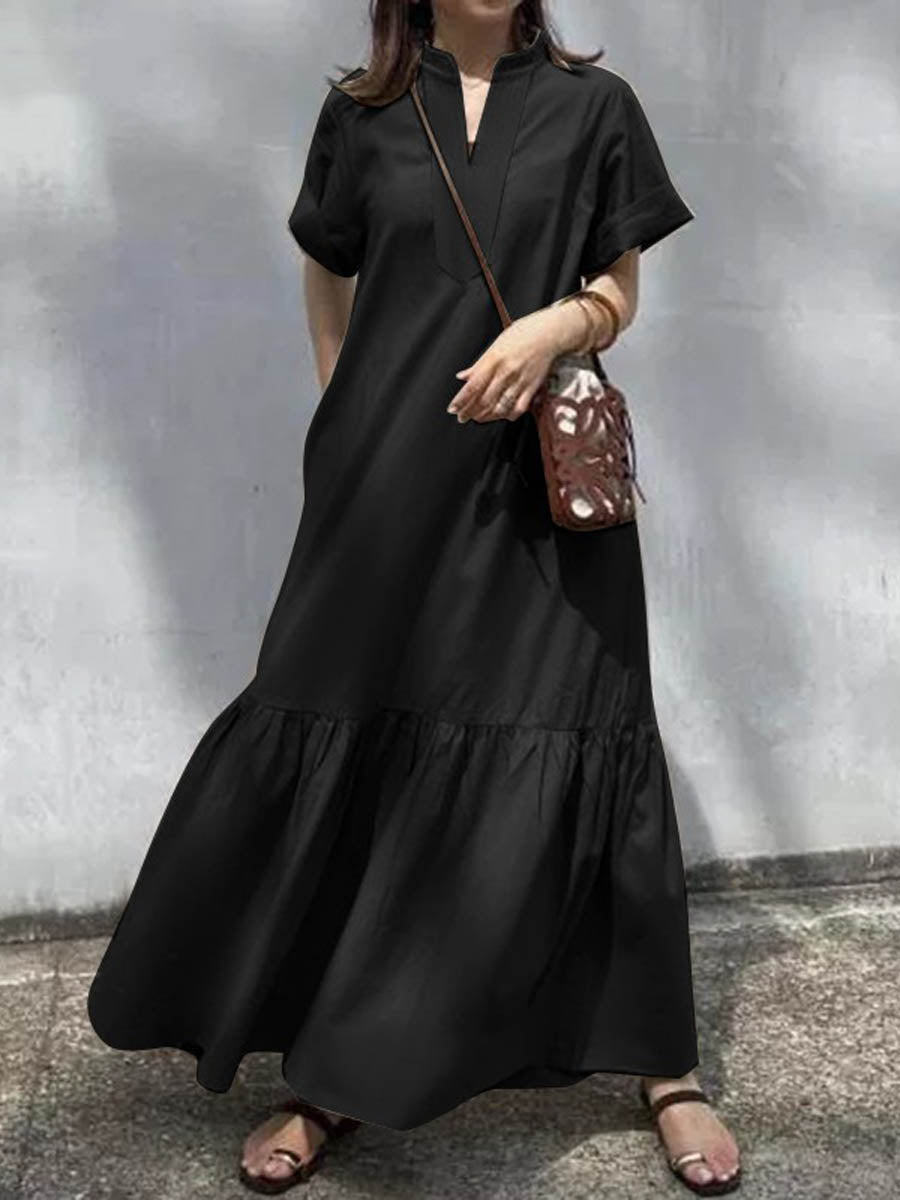 Women's Stand Collar Short Sleeve Loose A-Line Stylish Solid Color Cotton Dress