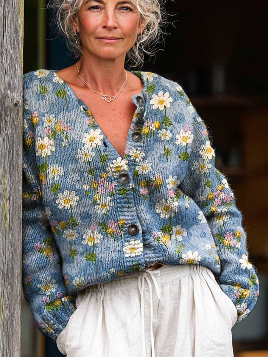 vintage-small-flower-painting-art-print-buttoned-cardigan-sweater