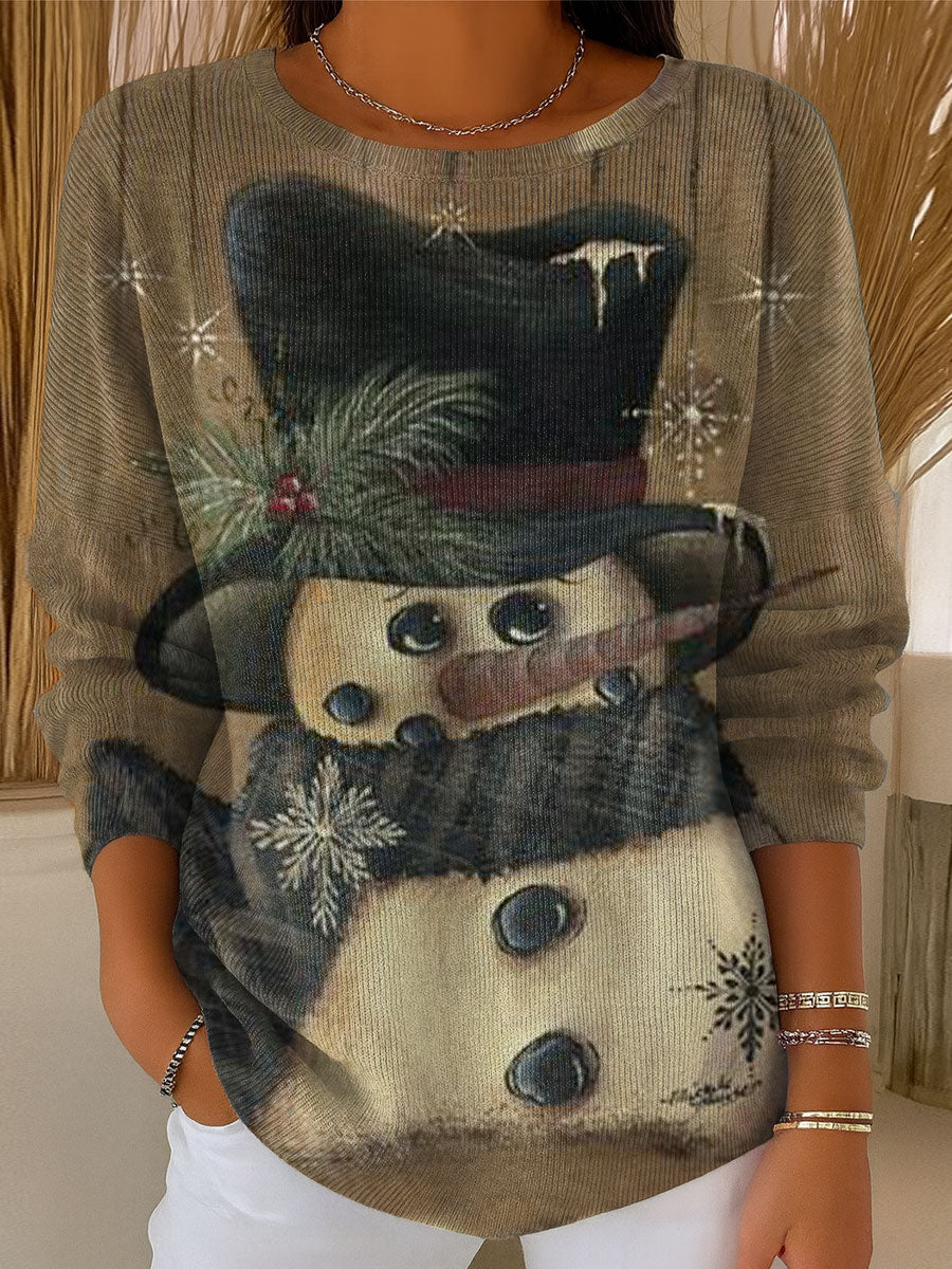 Women's Christmas Vintage Snowman Art Print Casual Pullover Sweater