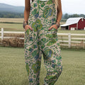 Women's  Vintage Flower Art Print Casual 100% Cotton Wide Leg Jumpsuit