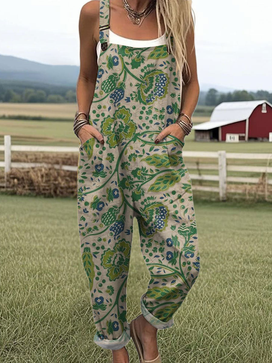 Women's  Vintage Flower Art Print Casual 100% Cotton Wide Leg Jumpsuit