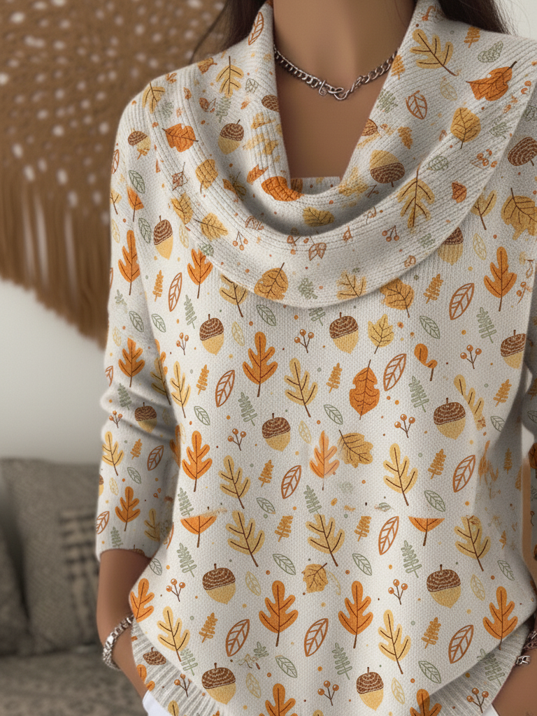 Autumn and Winter Forest Pine Cone Print Turtleneck Sweater Top