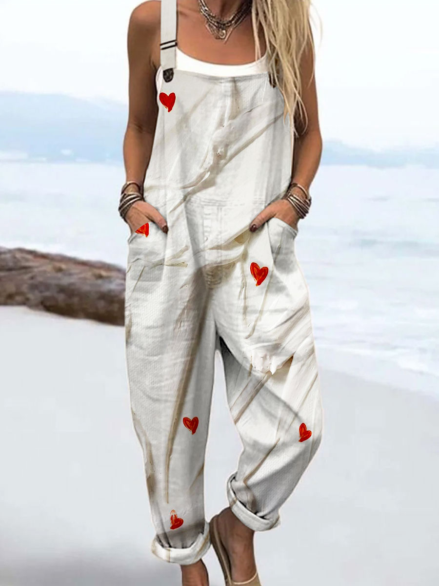 Women's Vintage Abstract Love Heart Art Print Casual 100% Cotton Wide Leg Jumpsuit