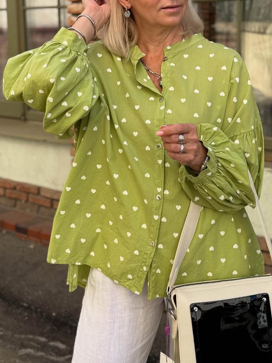 Women's Heart Print Stand Collar Long Sleeve Casual Loose Cotton Shirt