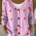 Pink Polygon Print Buttoned V-neck Cardigan Sweater