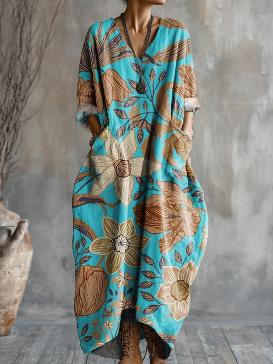 Women's Vintage Ethnic Beautiful Floral Art Print Pocket V-neck Cotton Dress