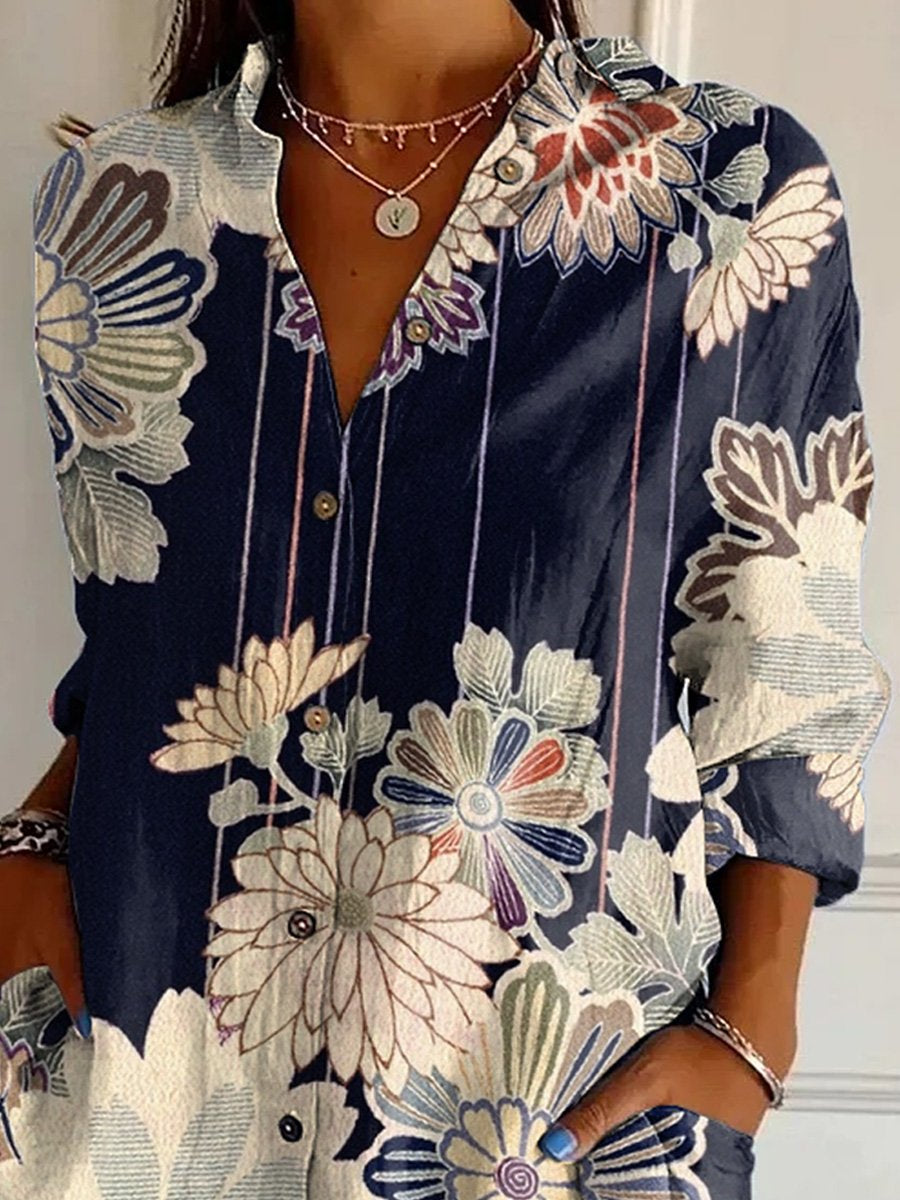 Japanese Traditional Style Floral Art Printed Women's Casual Cotton Shirt