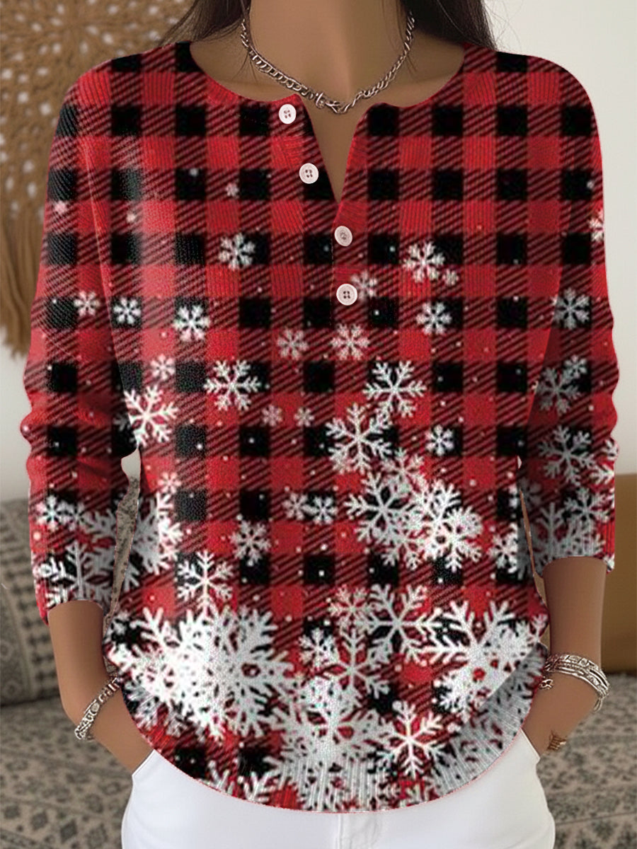 Vintage Winter Snowflake Plaid Painting Art Print Buttoned Cardigan Sweater