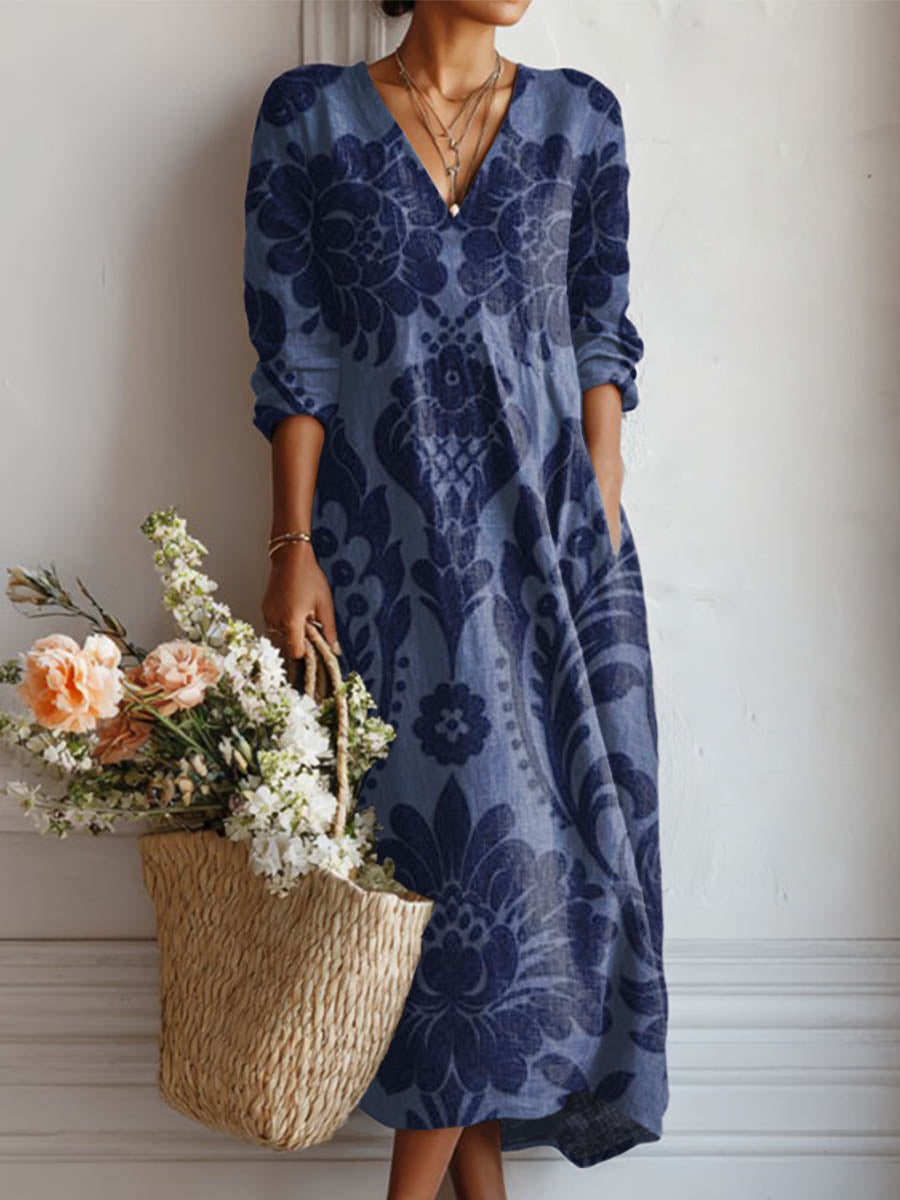 Women's Vintage Floral Art Print Casual Cotton Linen Pocket Dress