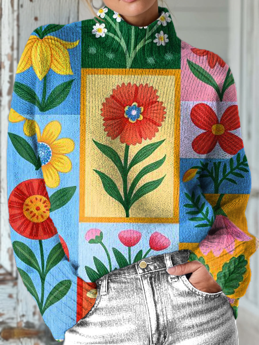 beautiful-colorful-geometric-check-floral-painting-art-print-knit-turtleneck-pullover-sweater