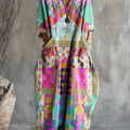 Women's Abstract Colorful Geometric Floral Checkered Painting Art Print Pocket V-neck Cotton Dress