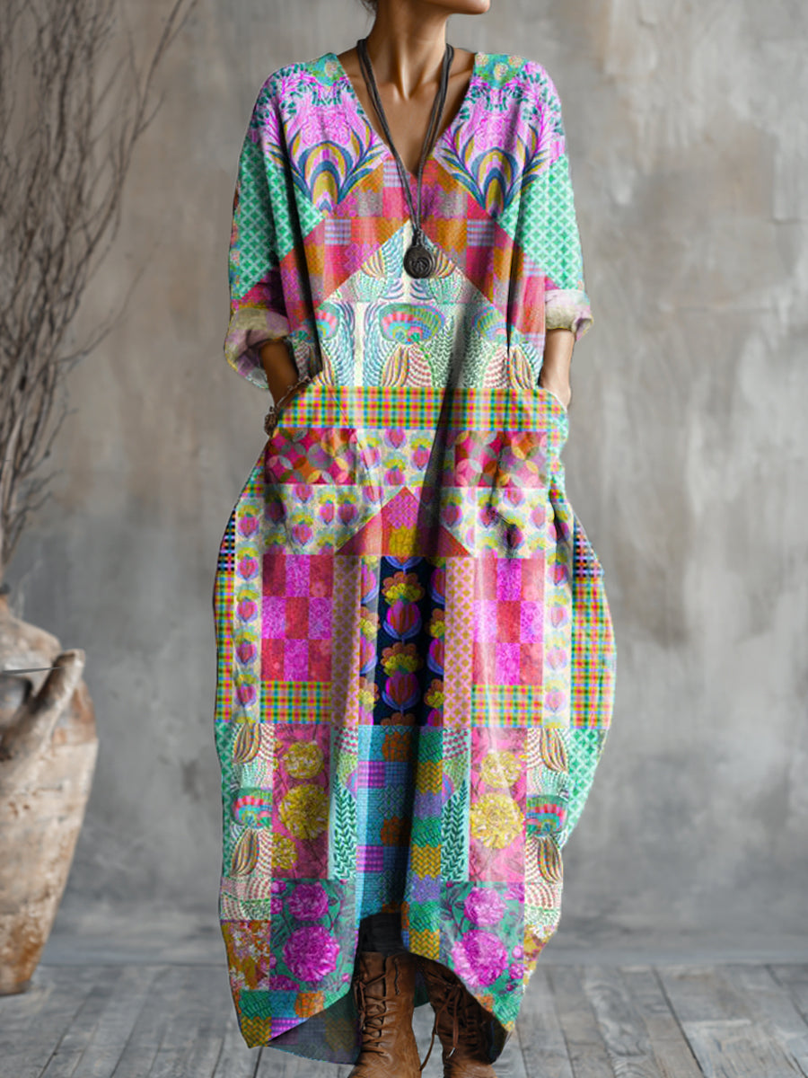Women's Abstract Colorful Geometric Floral Checkered Painting Art Print Pocket V-neck Cotton Dress