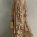 Women's Elegant Lace-trimmed V-neck Loose Cotton And Linen Dress