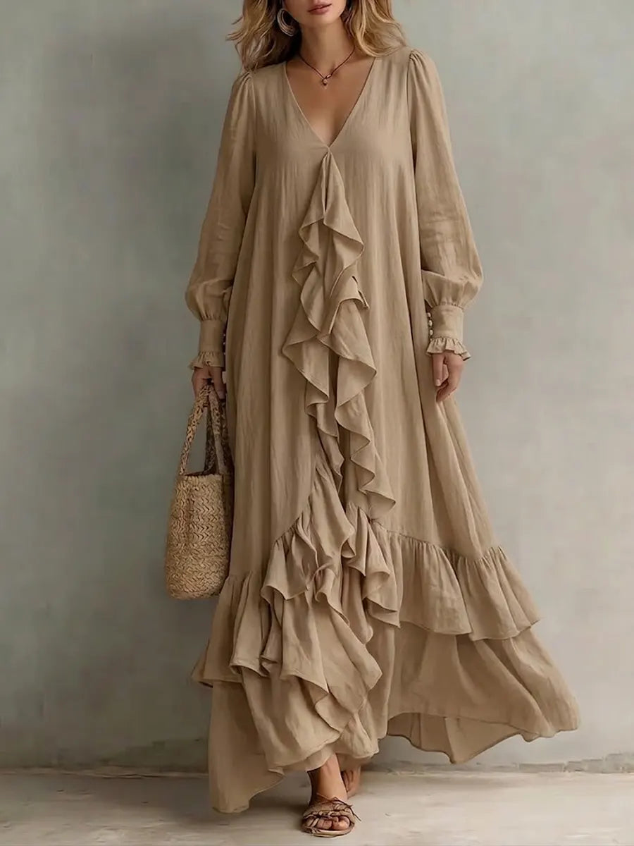 Women's Elegant Lace-trimmed V-neck Loose Cotton And Linen Dress