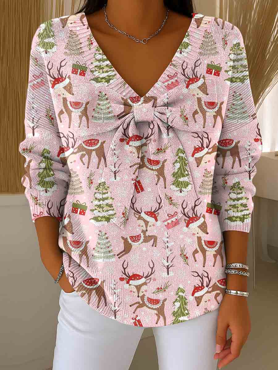 Women's Christmas Print Bowknot V-Neck Long Sleeve Casual Pullover Sweater