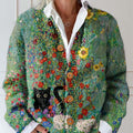 cardigan-pull-boutonné vintage pour femme, imprimé floral et chat 